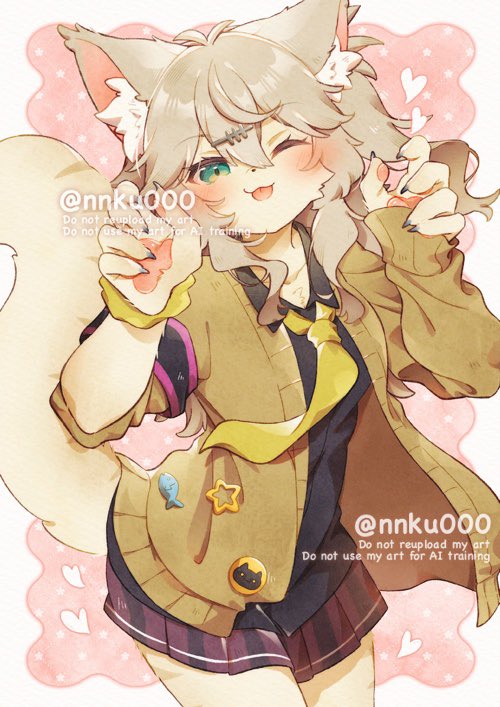 1girl, :3, animal_ear_fluff, animal_ears, asymmetrical_sleeves, badge, black_shirt, blonde_hair