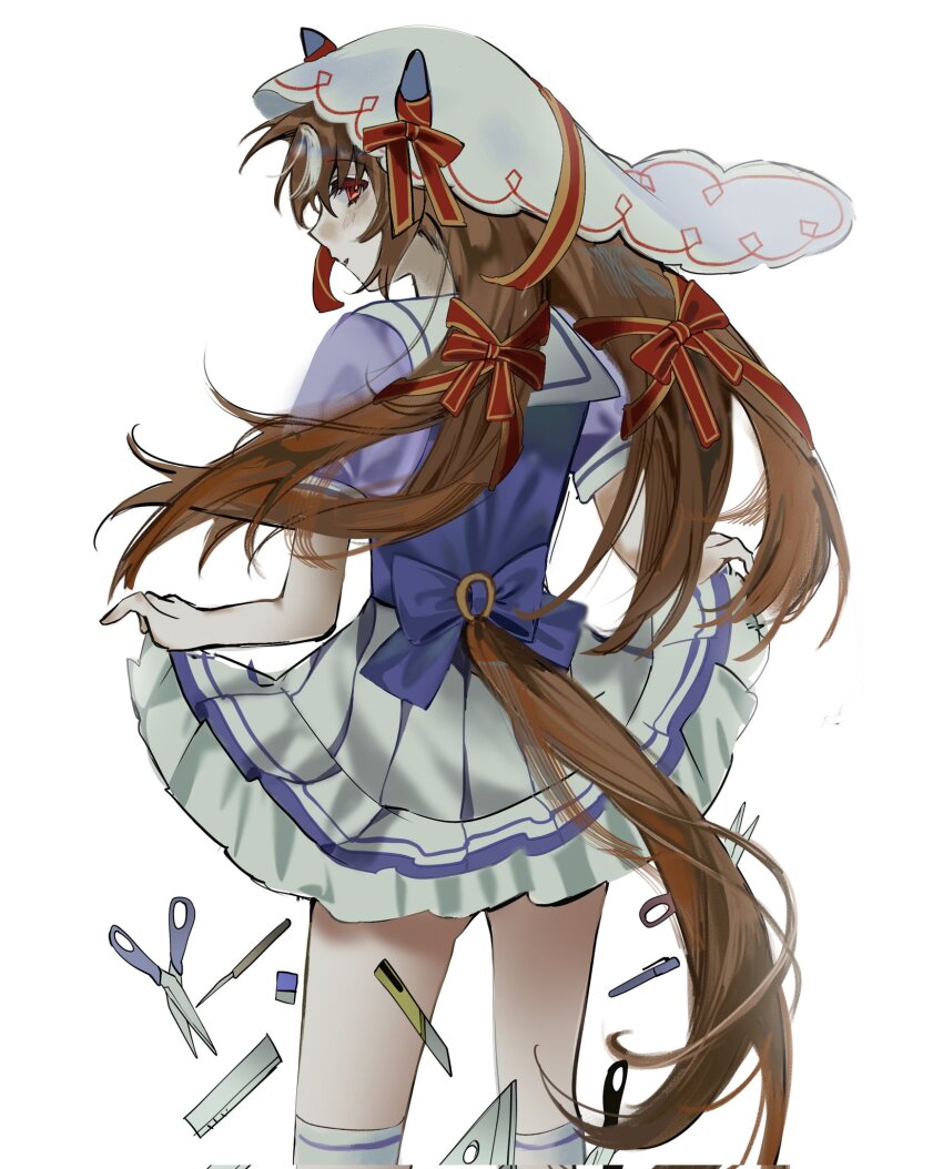 1girl, animal_ears, blush, bow, bowtie, boxcutter, brown_hair, commentary