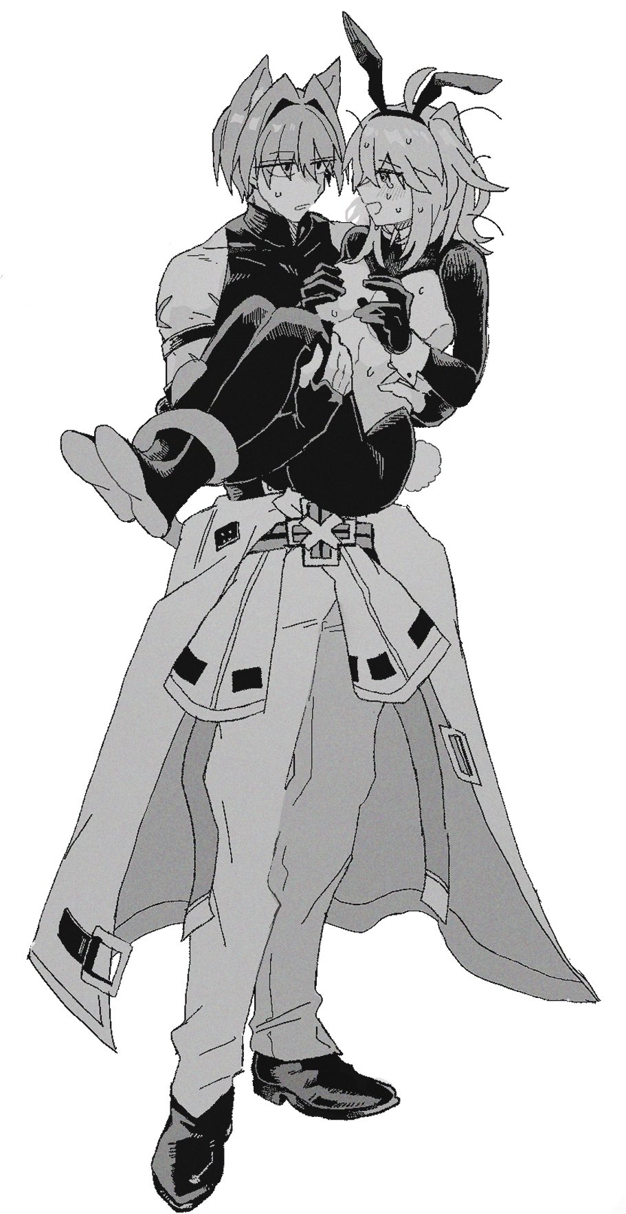 1boy, 1girl, carrying, carrying_person, character_request, copyright_request, greyscale, hair_ornament