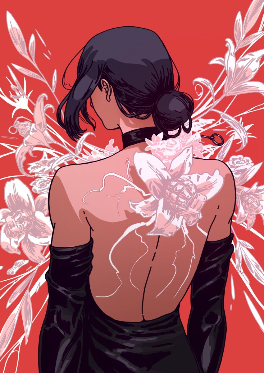 1girl, back, backless_dress, backless_outfit, black_dress, black_gloves, black_hair, chainsaw_man