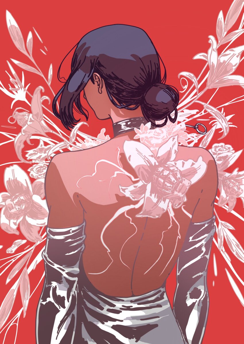 1girl, back, backless_dress, backless_outfit, black_hair, chainsaw_man, commentary, dhashinn