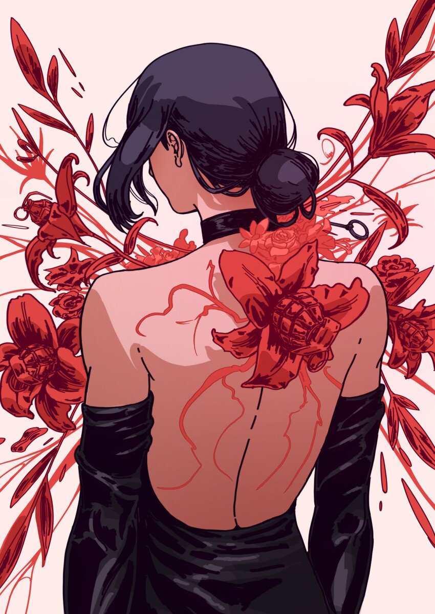 1girl, back, backless_dress, backless_outfit, black_dress, black_gloves, black_hair, chainsaw_man