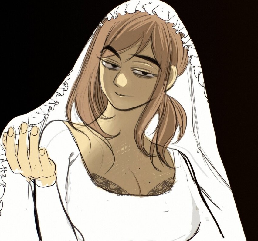 1girl, black_background, black_eyes, bra, bra_peek, breasts, brown_hair, cleavage