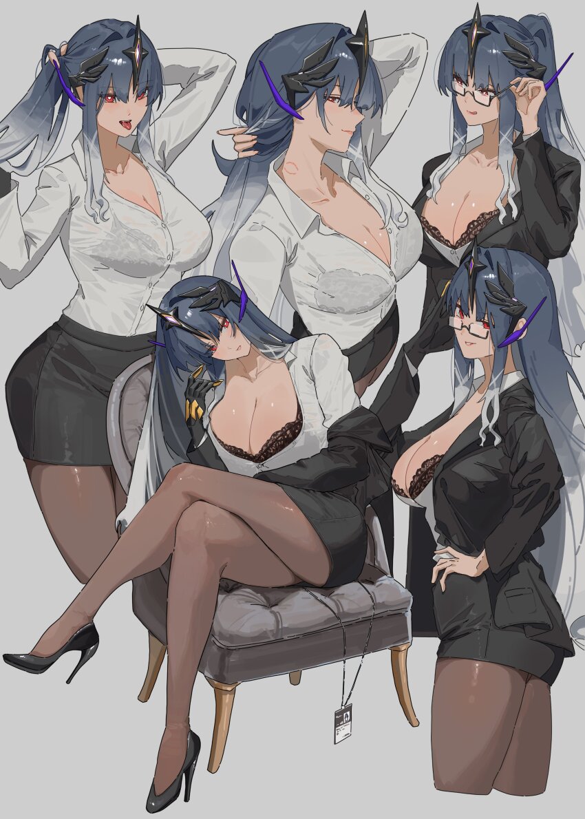 1girl, :q, absurdres, alternate_costume, alternate_hairstyle, arm_up, bespectacled, bite_mark