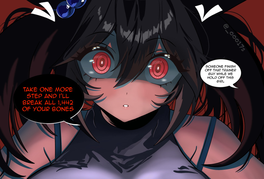 00017s, 1girl, angry, artist_name, bare_shoulders, english_text, hair_between_eyes, highres