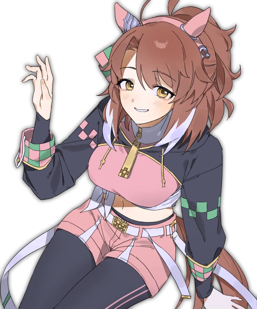 1girl, ahoge, animal_ears, black_leggings, black_shrug, blush, bow, breasts, brown_eyes, brown_hair, checkered_ribbon, commentary_request, dantsu_flame_(center_spotlight)_(umamusume), dantsu_flame_(umamusume), ear_covers, ear_ribbon, hair_between_eyes, hairband, highres, horse_ears, horse_girl, horse_tail, korean_commentary, large_breasts, leggings, leggings_under_shorts, looking_at_viewer, midriff, multicolored_hair, navel, parted_lips, pink_hairband, pink_shorts, seolsa53388, shirt, shorts, shrug_(clothing), simple_background, smile, solo, tail, tied_shirt, umamusume, white_background, white_hair