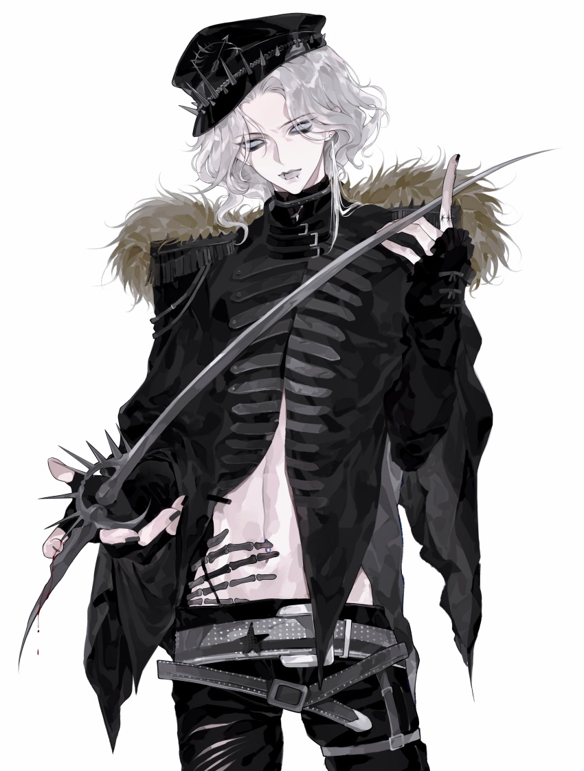 1boy, absurdres, alternate_costume, belt, black_hat, black_jacket, black_nails, black_pants