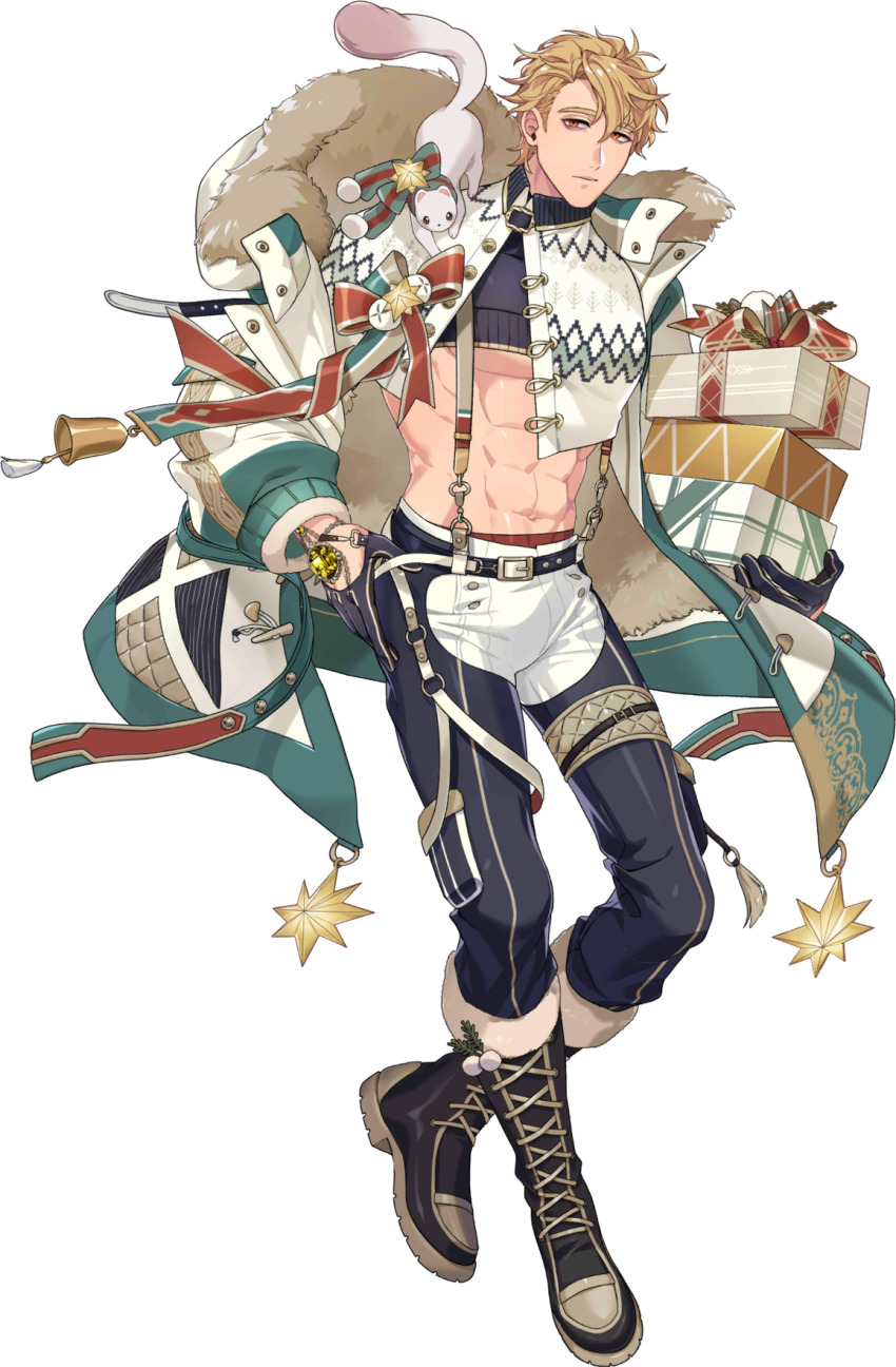 1boy, abs, abs_cutout, animal, animal_on_shoulder, bags_under_eyes, belt, black_gloves