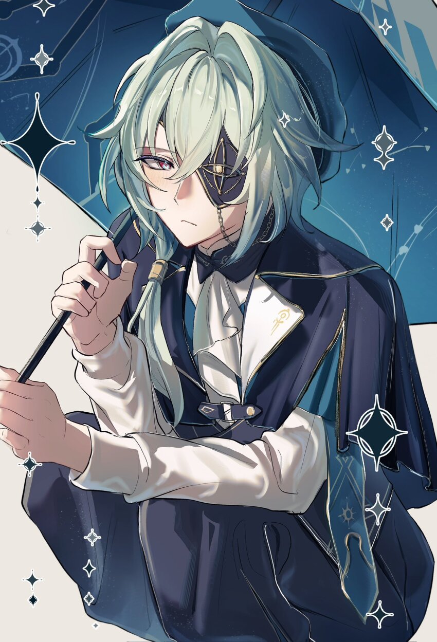 1boy, anaxa_(honkai:_star_rail), anaxa_(impression)_(honkai:_star_rail), beret, black_capelet, black_pants, blue_eyes, capelet