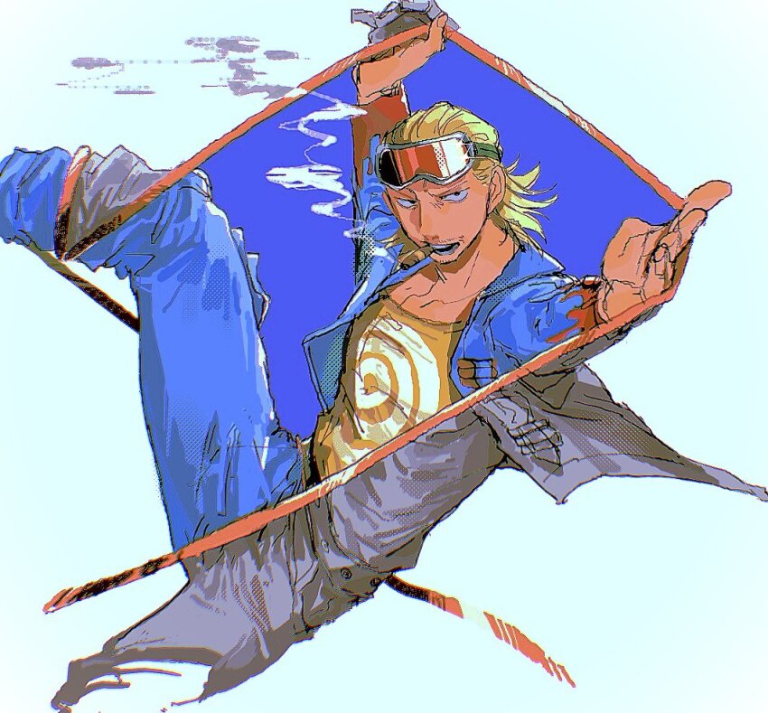 1boy, beard, blue_jacket, chabashira_chan, cigar, commentary_request, facial_hair, glint, hair_slicked_back, jacket, male_focus, one_piece, paulie_(one_piece), rope, short_hair, smoke, solo