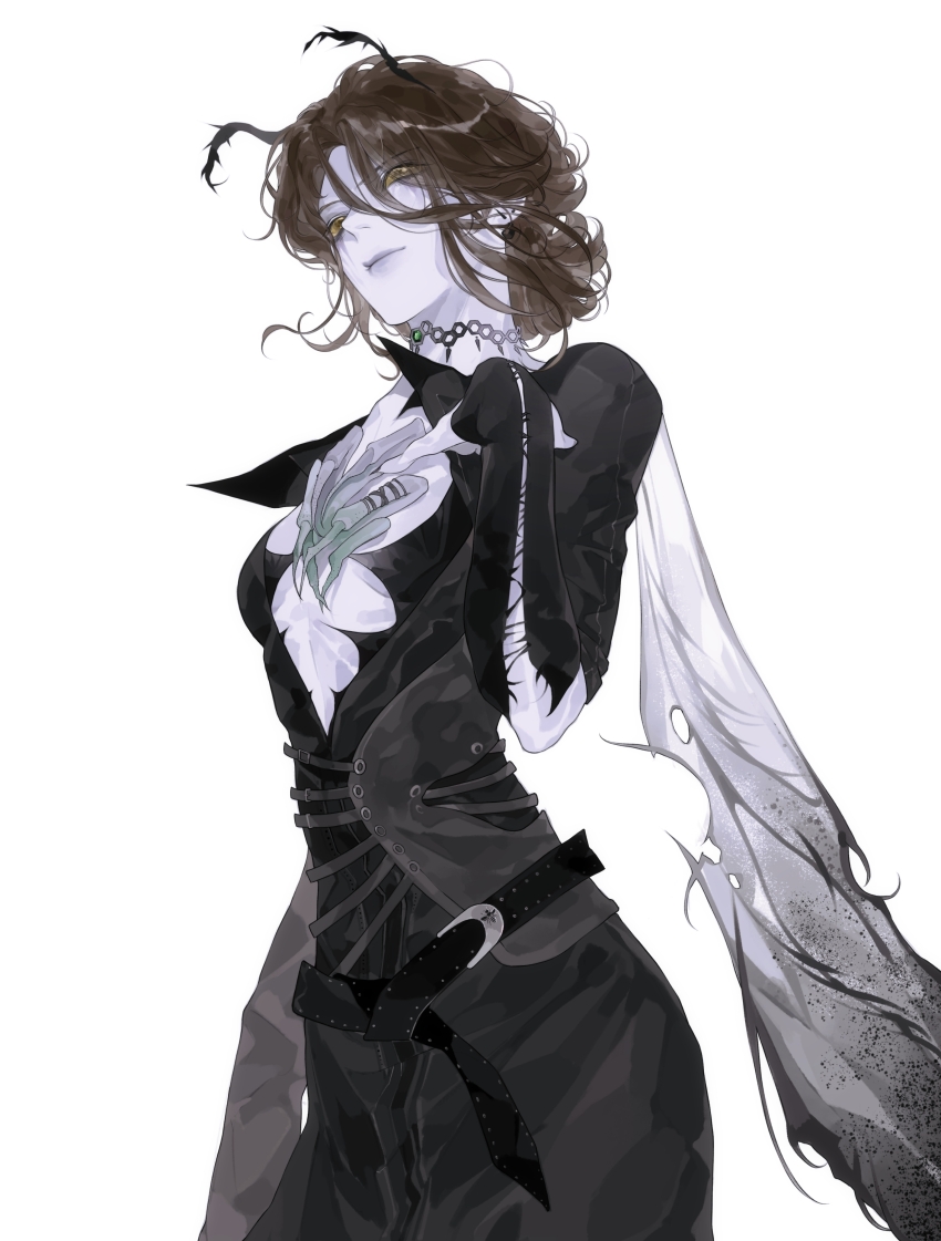 1girl, absurdres, alternate_costume, antennae, arthropod_girl, bee_girl, belt, black_belt, black_dress, black_gloves, brown_hair, chinese_commentary, choker, clothing_cutout, commentary_request, cowboy_shot, dress, fashion, from_below, gloves, hair_between_eyes, highres, identity_v, insect_girl, lu87168373, pale_skin, queen_bee_(identity_v), simple_background, solid_eyes, solo, three-quarter_sleeves, white_background, wings, yellow_eyes