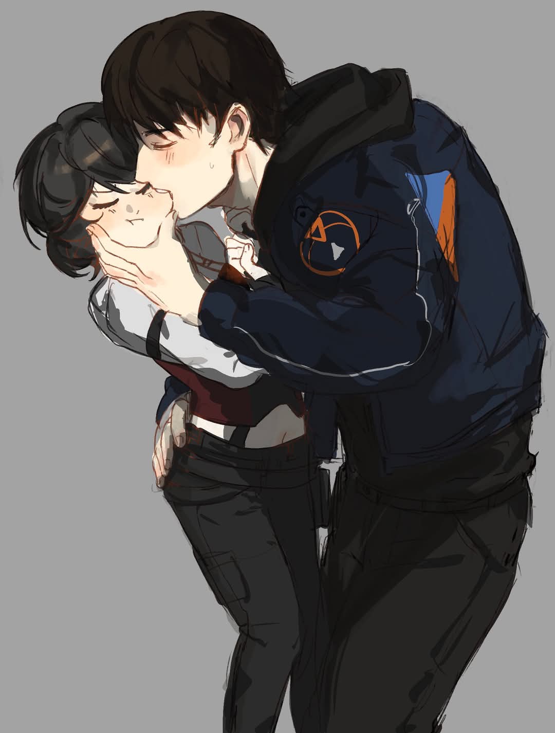 1boy, 1girl, biting, biting_cheek, black_hair, black_pants, brown_hair, caleb_(love_and_deepspace), closed_eyes, closed_mouth, commentary, frown, grey_background, hand_on_another's_ass, hand_on_another's_face, height_difference, highres, love_and_deepspace, navel, pants, protagonist_(love_and_deepspace), simple_background, vy_vgngha