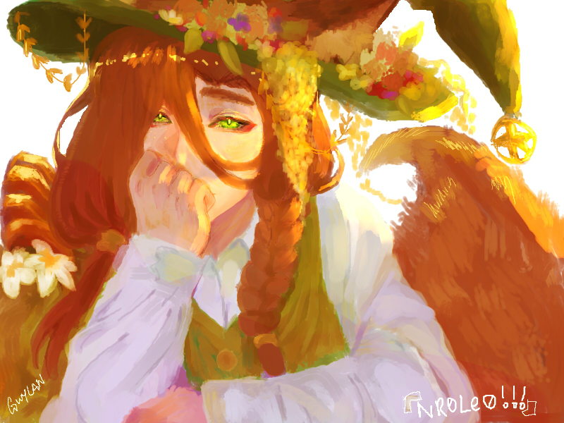 1boy, braid, brown_hair, character_name, commentary, degrees_of_lewdity, english_commentary, flower