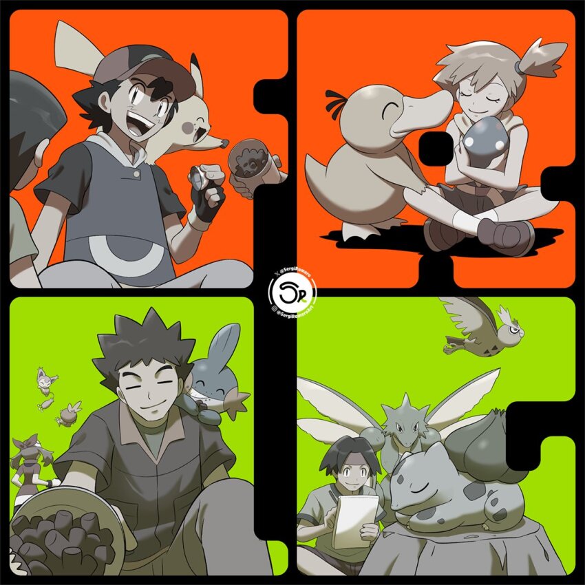 2girls, 4boys, :d, ash_ketchum, asymmetrical_hair, baseball_cap, black_hair, brock_(pokemon)