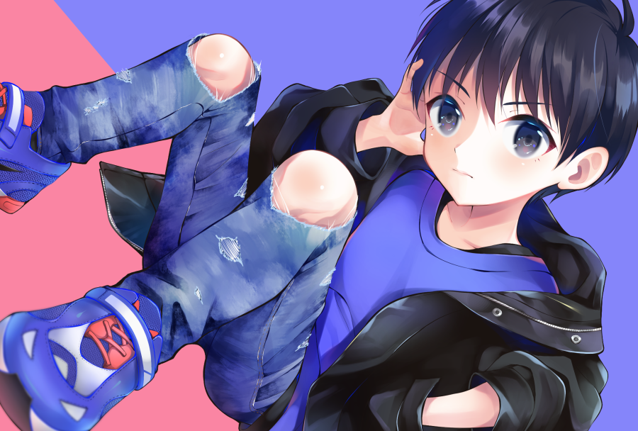 1boy, amu_enya, annoyed, black_eyes, black_hair, black_jacket, blue_pants, blue_shirt