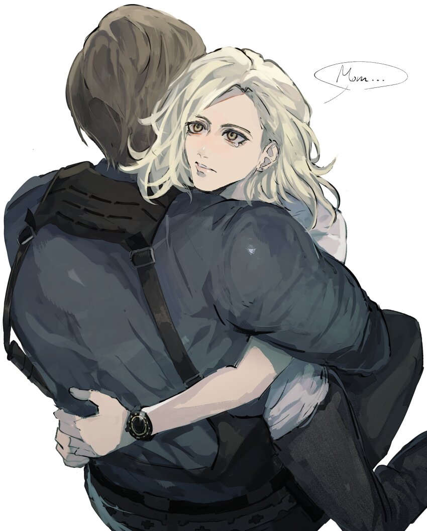 1boy, 1girl, absurdres, blonde_hair, grace_ashcroft, highres, holster, hug