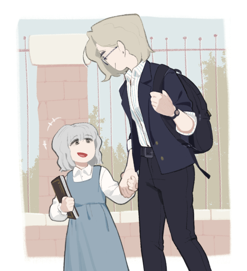 2girls, bag, blonde_hair, book, child, chlorenw, dress, emily_(resident_evil), formal_clothes, glasses, grace_ashcroft, grey_hair, highres, holding_hands, multiple_girls, resident_evil, resident_evil_requiem, short_hair, smile, suit