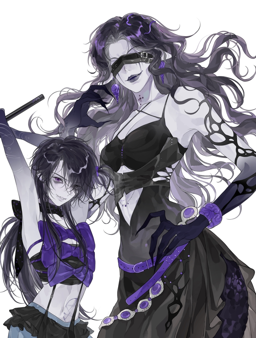 2girls, absurdres, arms_up, bare_shoulders, belt, black_belt, black_bra, black_dress