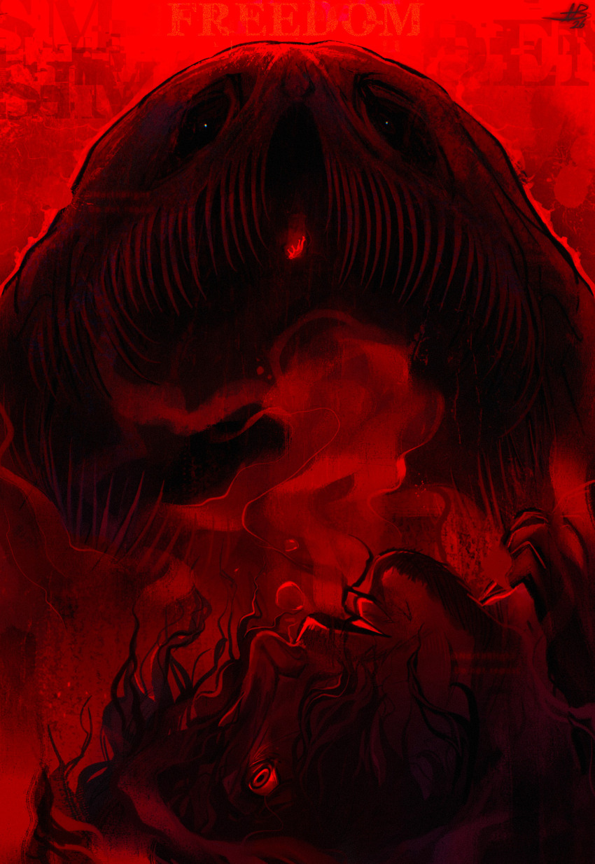 1boy, air_bubble, bifurcated_jaw, black_hair, bubble, commentary, creature, eldritch_abomination