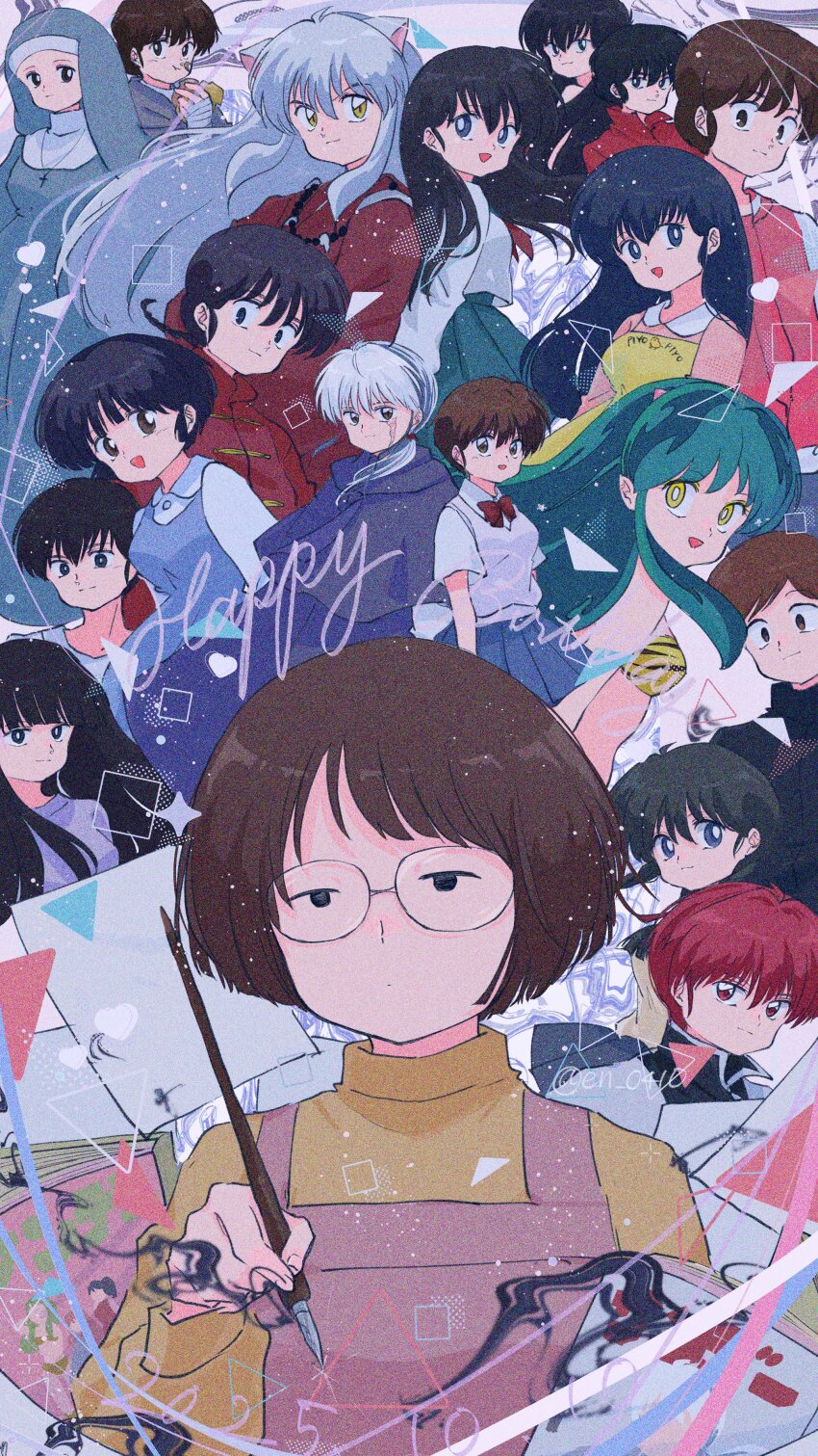 1_pound_no_fukuin, 6+boys, 6+girls, absurdres, black_hair, blue_dress, blue_eyes, blue_skirt