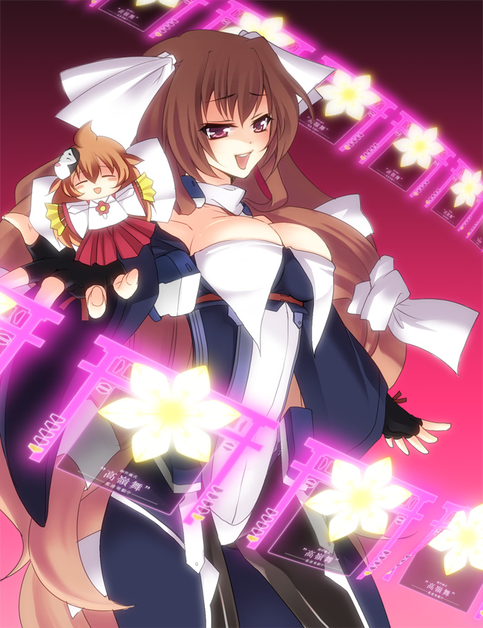 aoi_kimi, bodysuit, breasts, brown_hair, cleavage, fingerless_gloves, flower, gloves