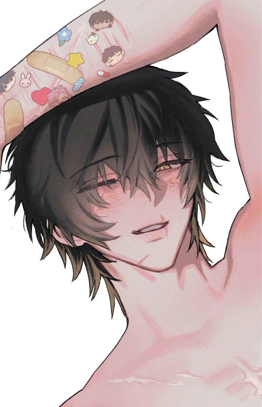 1boy, 35684187031, arm_up, black_hair, fujieda_ryo, hair_between_eyes, highres, izumi_rei_(slow_damage)