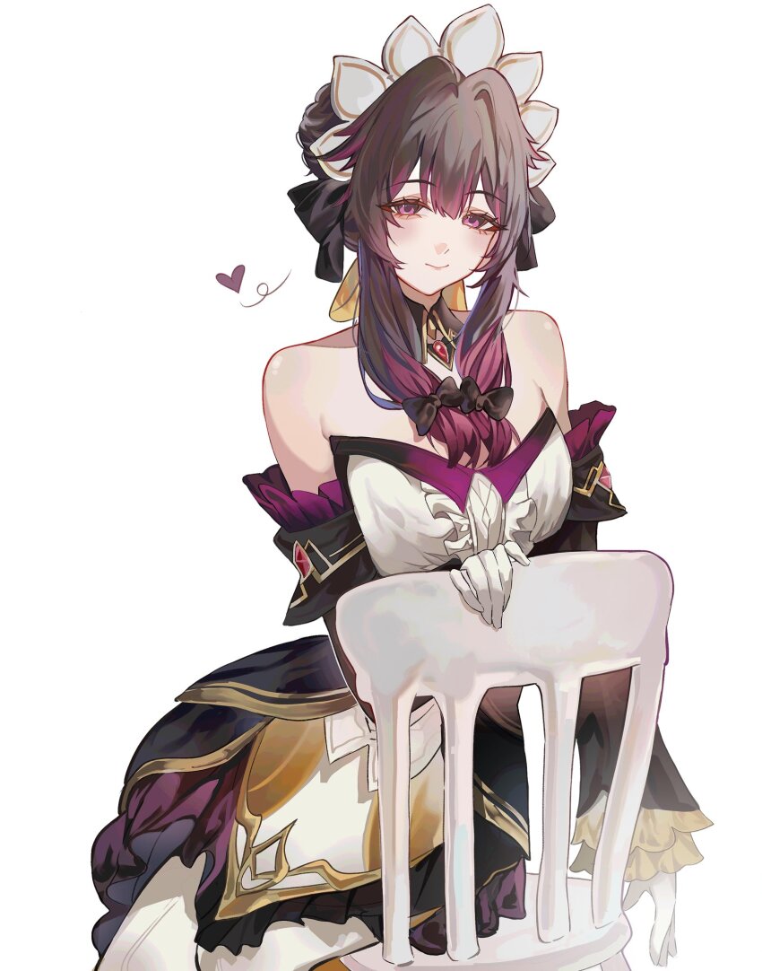 1girl, bare_shoulders, black_collar, black_hair, black_sleeves, blush, bonnet, bow