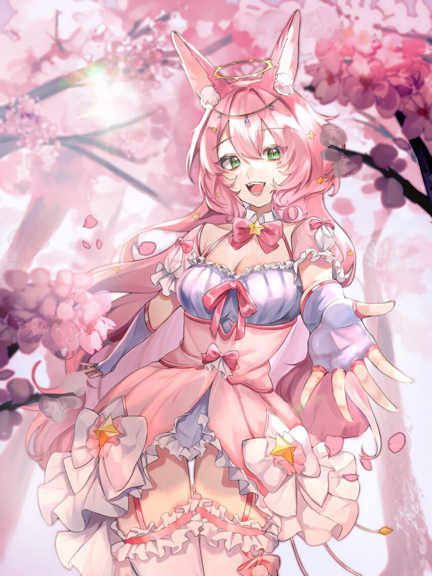 1girl, absurdres, animal_ears, bow, bowtie, cherry_blossoms, commentary, dreamy_etude