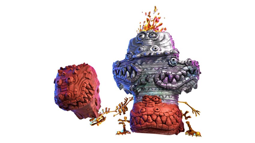 3d, armor, artist_request, bone, crockoid_(donkey_kong), donkey_kong_(series), donkey_kong_bananza, full_body, holding, holding_weapon, king_crockoid, liquid_gold, nintendo, no_humans, official_art, second-party_source, simple_background, solo, third-party_source, weapon, white_background