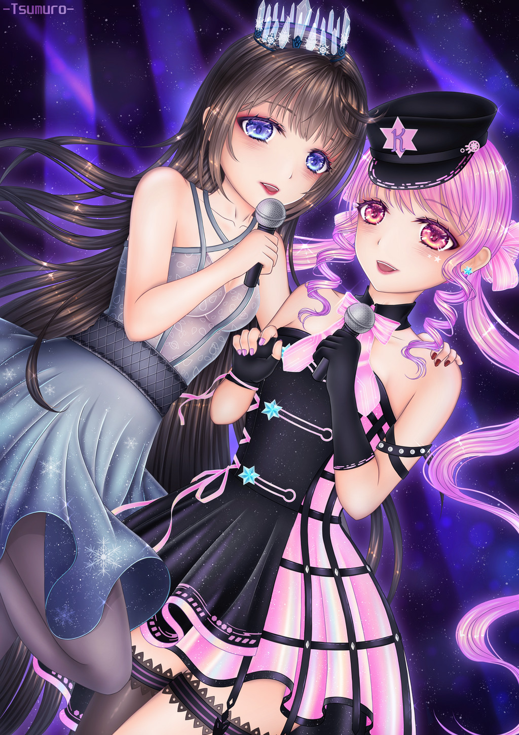 2girls, artist_name, asymmetrical_gloves, bare_arms, bare_shoulders, black_collar, black_dress, black_gloves