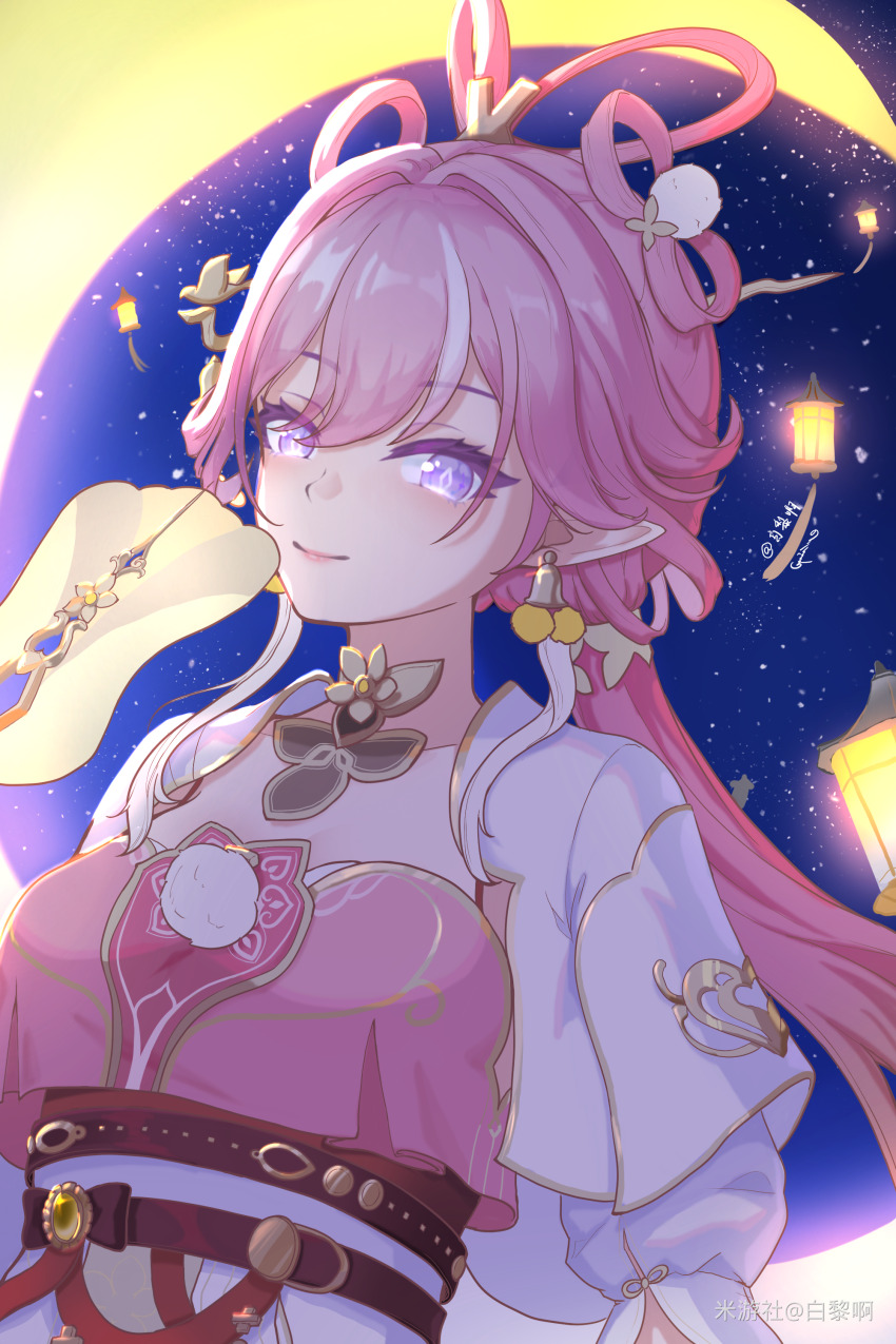 1girl, absurdres, baili_baigal, breasts, chinese_commentary, commentary_request, crescent_moon, diamond-shaped_pupils