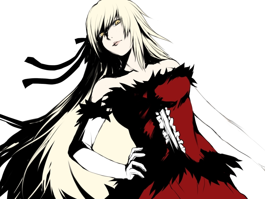 1girl, black_ribbon, blonde_hair, breasts, commentary_request, dress, elbow_gloves, expressionless