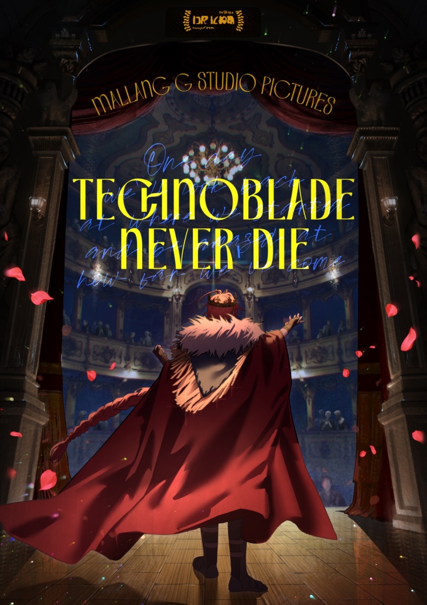 1boy, balcony, cape, curtains, english_text, falling_petals, from_behind, full_body, fur_collar, headband, highres, lee_in_plut0, male_focus, minecraft_youtube, movie_poster_(medium), outstretched_arm, petals, pink_hair, red_cape, solo, stage, standing, technoblade, theater, theater_seating, typo