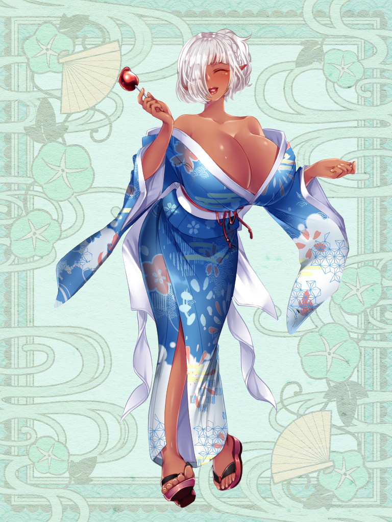 1girl, blue_kimono, braid, breasts, candy_apple, cleavage, closed_eyes, dark-skinned_female