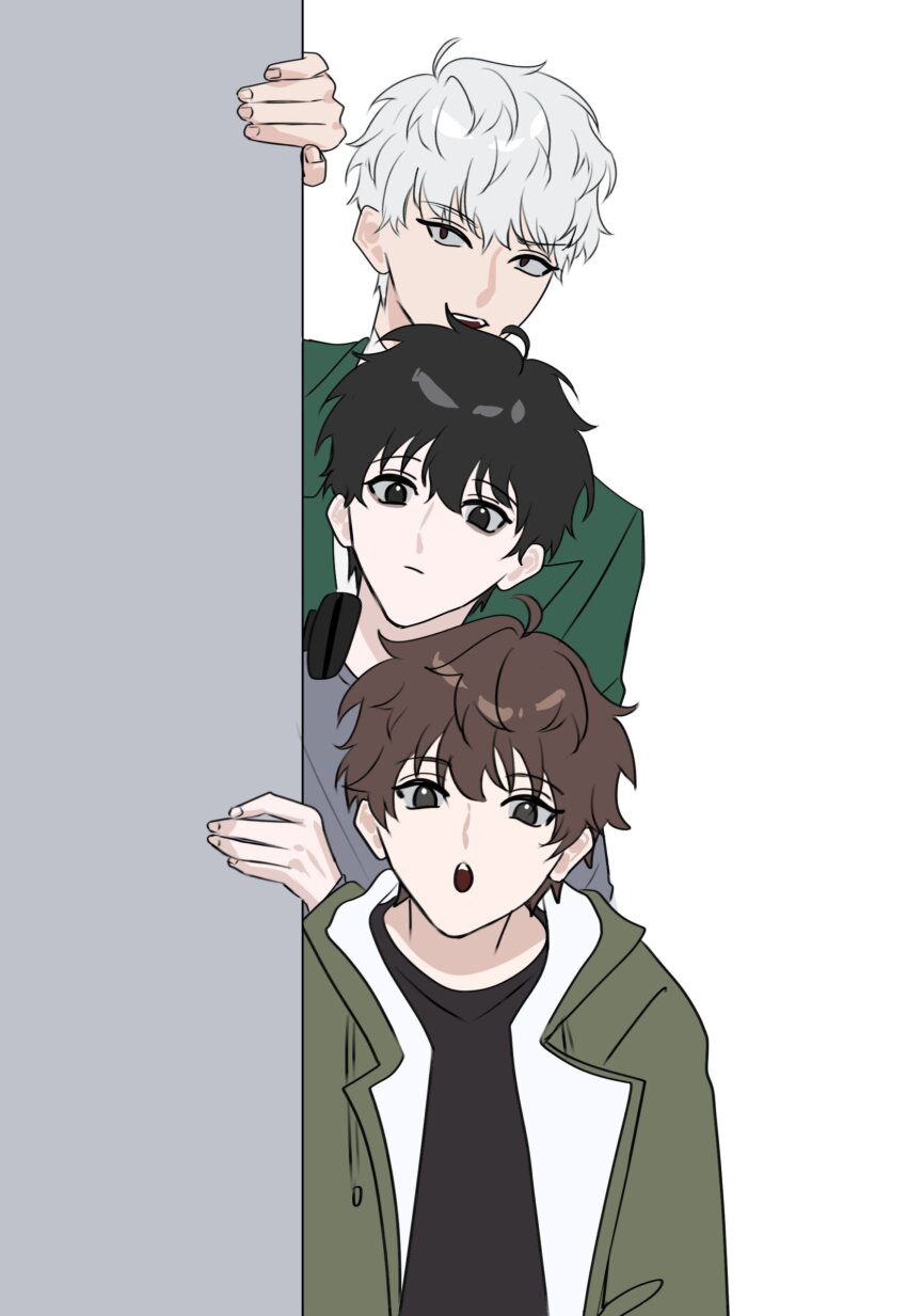 3boys, absurdres, black_hair, brown_hair, han_donghoon_(omniscient_reader's_viewpoint), hand_on_wall, headphones, headphones_around_neck