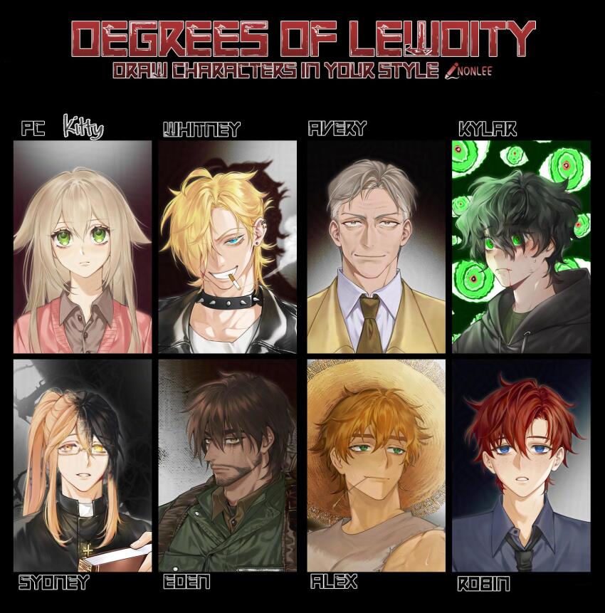 1girl, 6+boys, alex_(degrees_of_lewdity), alex_(male)_(degrees_of_lewdity), avery_(degrees_of_lewdity), avery_(male)_(degrees_of_lewdity), beard, black_necktie