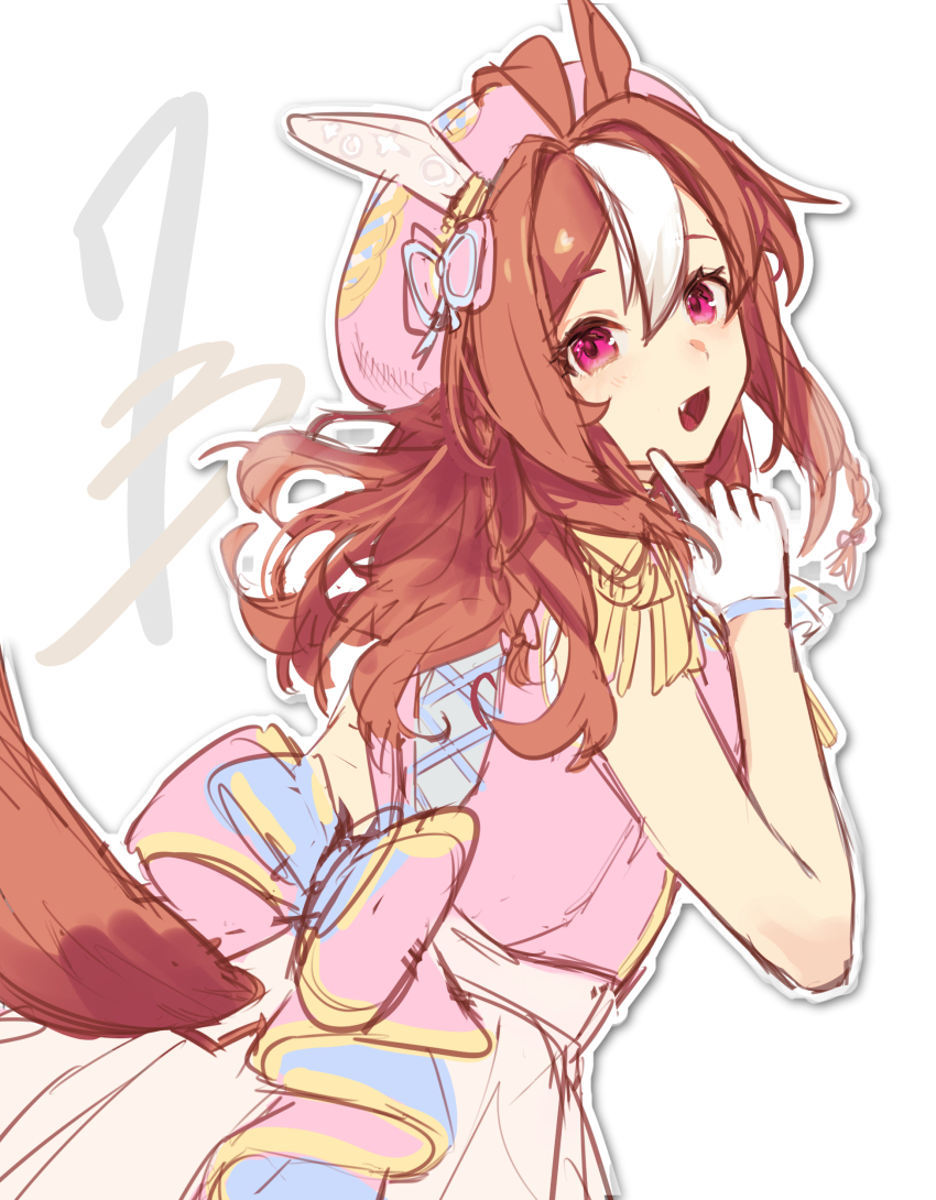 1girl, absurdres, animal_ears, braid, brown_hair, commentary_request, copano_rickey_(umamusume), epaulettes, fang, gloves, hat, highres, horse_ears, horse_girl, horse_tail, index_finger_raised, long_hair, looking_at_viewer, multicolored_hair, nanaisan_(713), open_mouth, pink_eyes, pink_hat, solo, streaked_hair, tail, umamusume, upper_body, white_gloves, white_streaks