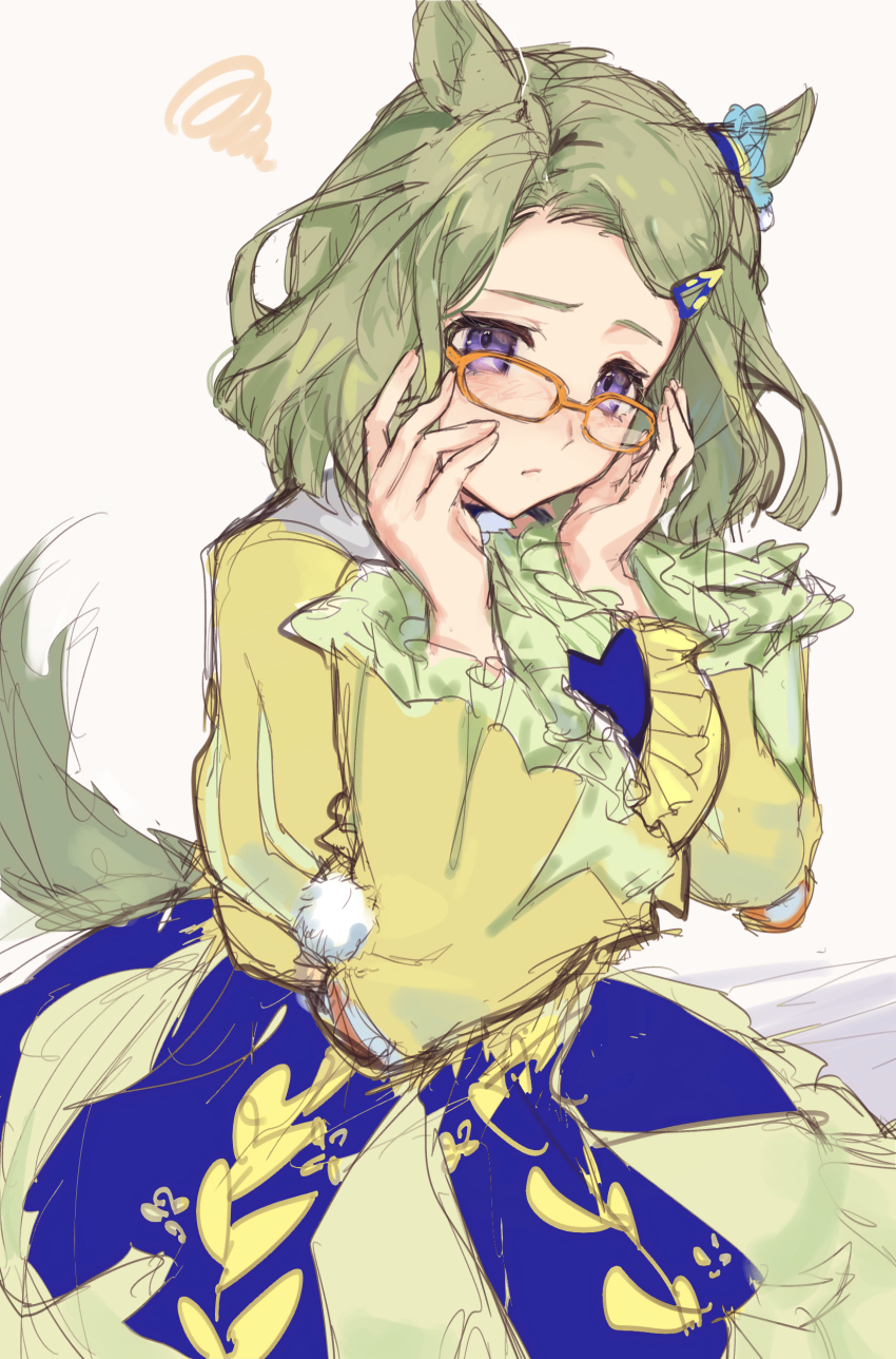 1girl, absurdres, air_messiah_(umamusume), animal_ears, blue_skirt, commentary_request, glasses, green_hair
