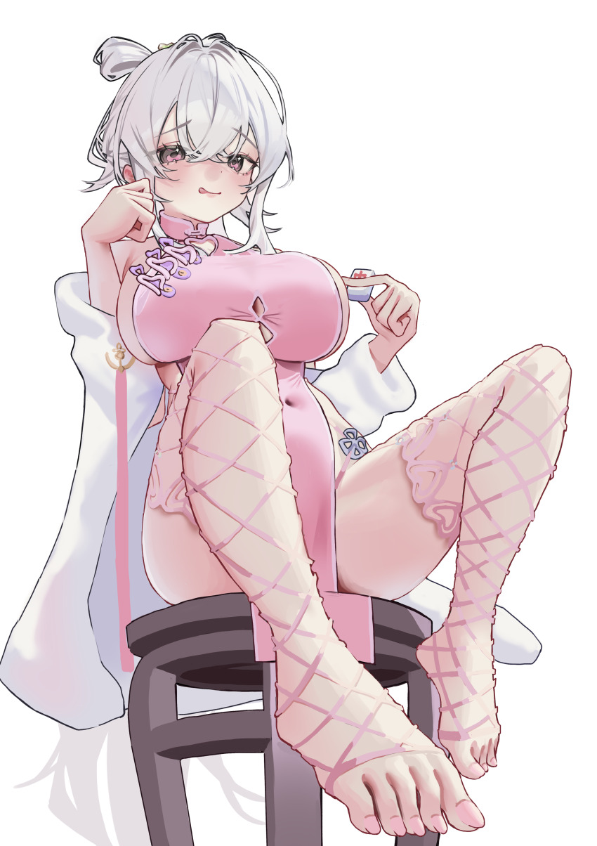 1girl, :q, absurdres, azur_lane, breasts, china_dress, chinese_clothes, commentary_request, dress, feet, fishnet_thighhighs, fishnets, highres, holding, holding_mahjong_tile, krasny_kavkaz_(azur_lane), krasny_kavkaz_(playing_blind)_(azur_lane), large_breasts, long_hair, m-chai, mahjong, mahjong_tile, official_alternate_costume, pelvic_curtain, pink_dress, pink_eyes, pink_thighhighs, sitting, solo, stool, thighhighs, toeless_legwear, toes, tongue, tongue_out, white_hair, wooden_stool