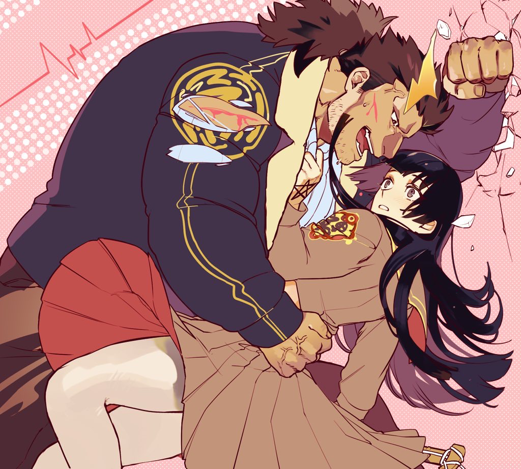 1boy, 1girl, bara, black_hair, blood, brown_hair, brown_pants, brown_skirt