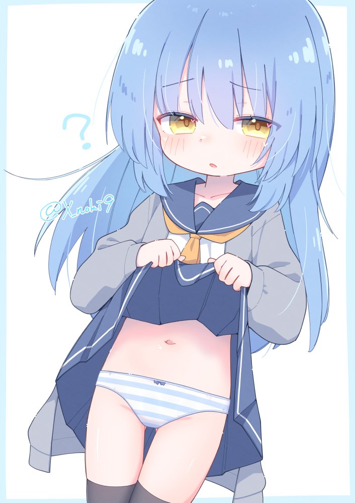 1girl, ?, ascot, black_thighhighs, blue_hair, blue_skirt, blush, clothes_lift