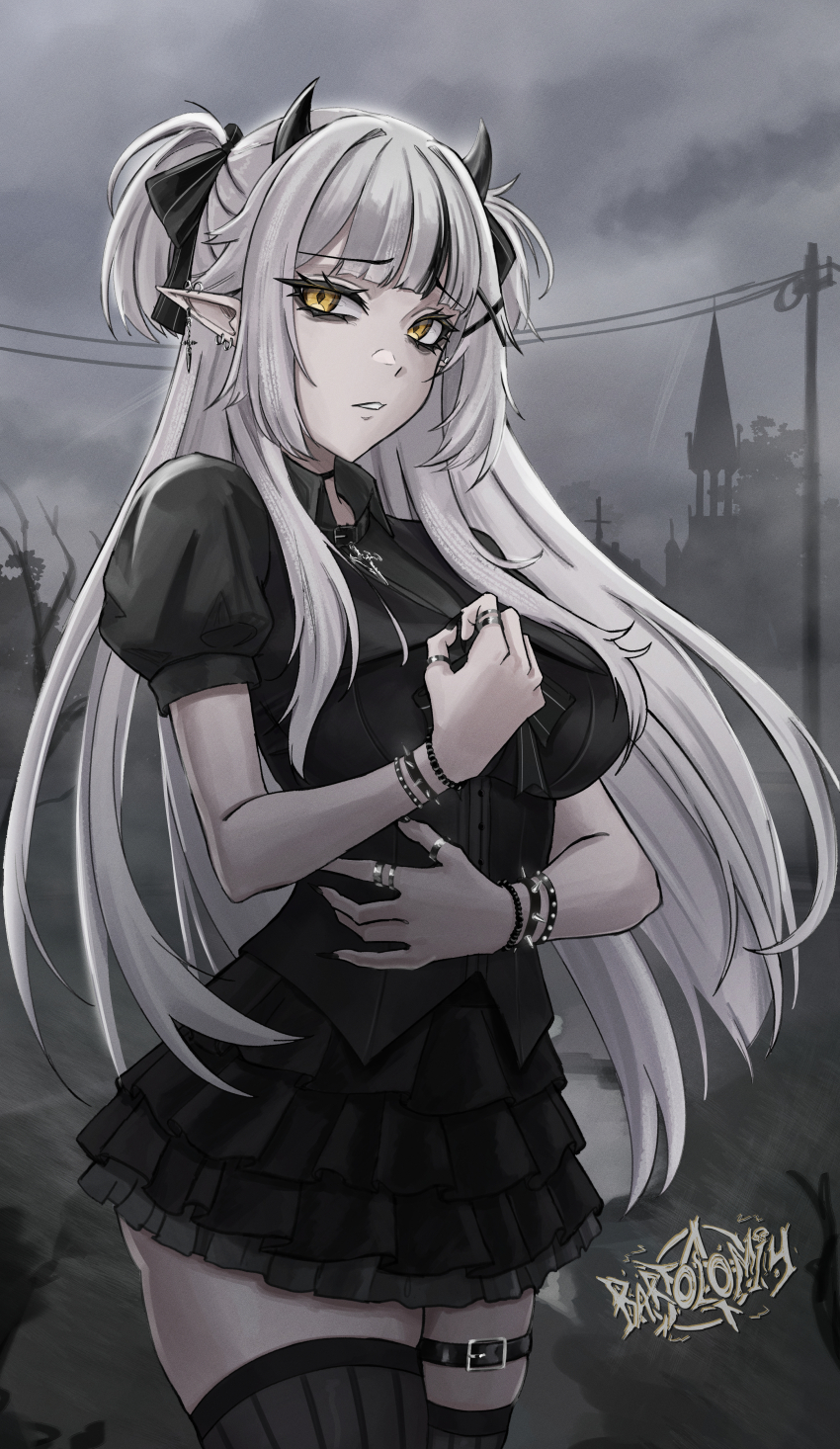 1girl, absurdres, artist_logo, bartolomiy, belt, black_belt, black_hair, black_horns