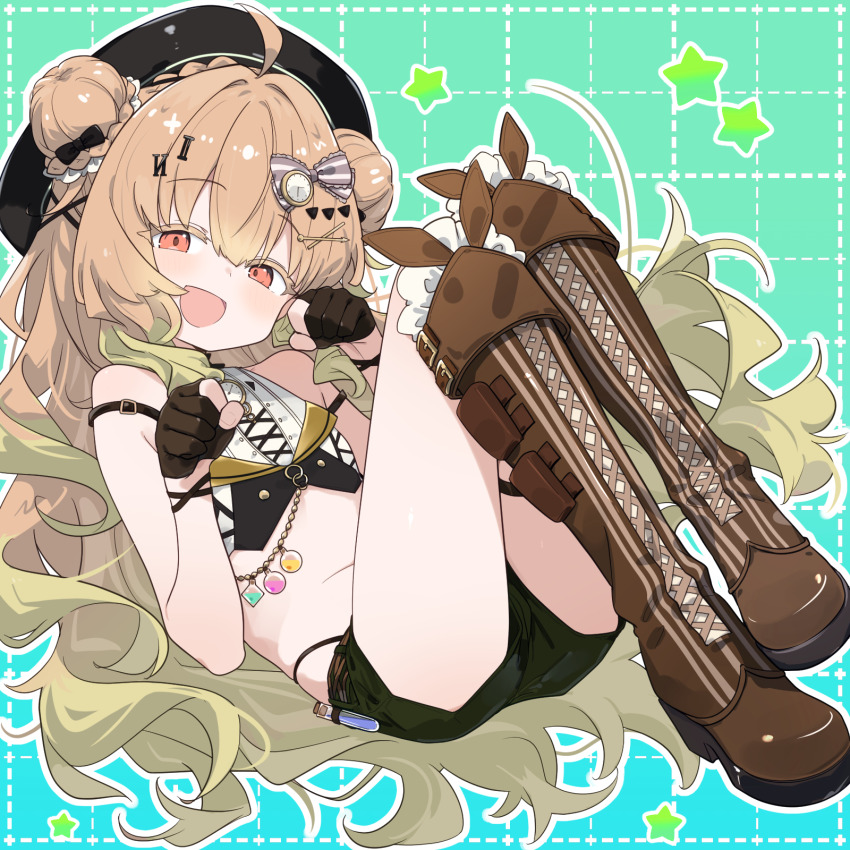 1girl, :d, ahoge, black_hat, black_shorts, blue_background, blush, boots