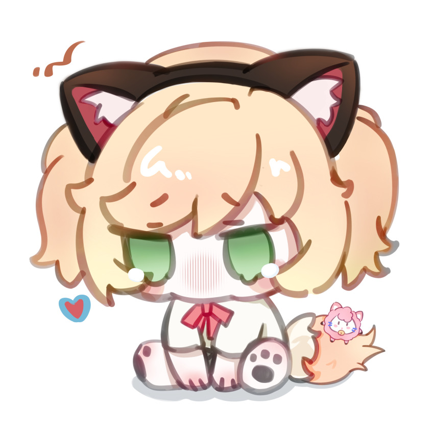 1girl, absurdres, animal_ear_fluff, animal_ears, animal_feet, blonde_hair, blush_stickers, bow