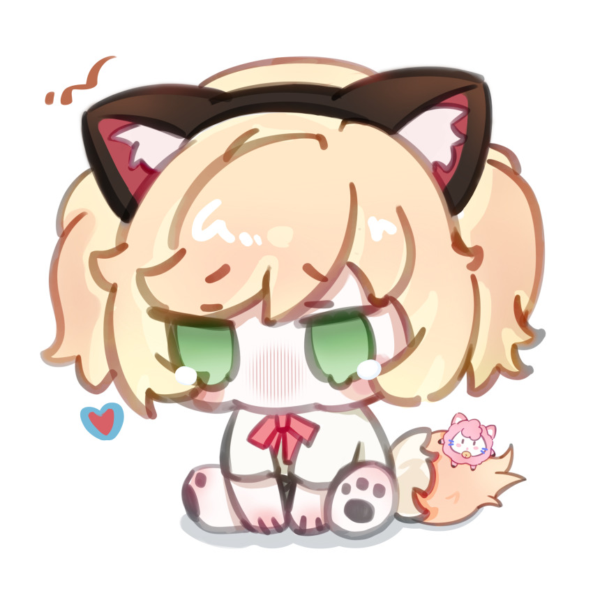 1girl, absurdres, animal_ear_fluff, animal_ears, animal_feet, blonde_hair, blush_stickers, bow