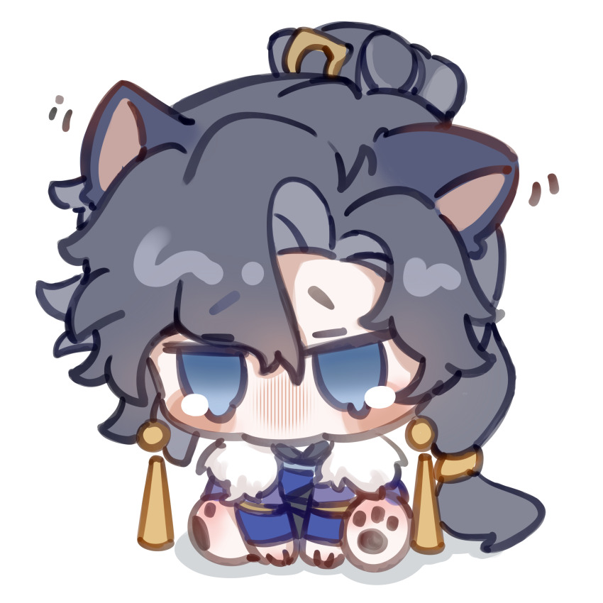 1boy, absurdres, animal_ears, animal_feet, black_hair, blue_eyes, blue_shirt, blush_stickers, cat_boy, cat_ears, chibi, chibi_only, chinese_commentary, commentary_request, full_body, fur_trim, highres, jiangyun_ayun, jitome, kemonomimi_mode, long_hair, long_sleeves, male_focus, shirt, simple_background, sitting, solo, sun_quan_(wangzhe_rongyao), wangzhe_rongyao, white_background, yurie_mouth