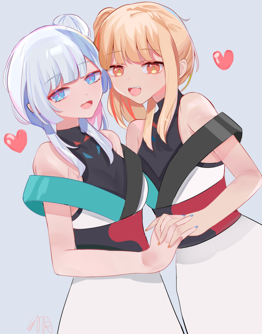 2girls, blonde_hair, blue_eyes, blue_nails, brown_eyes, cho_kaguya-hime!, commentary_request, dress