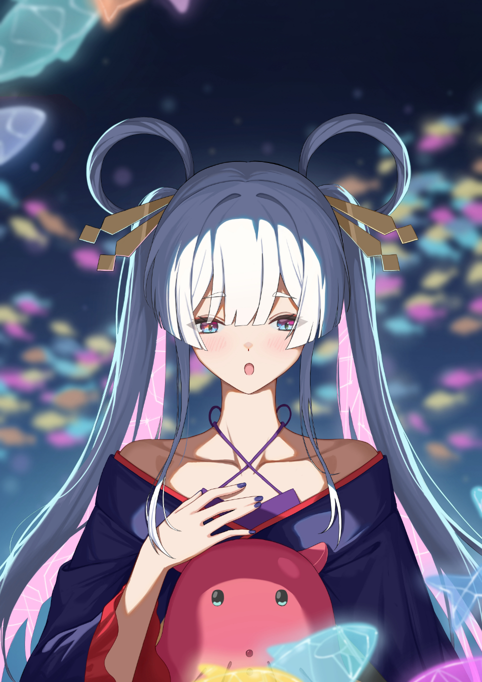 0_albusart, 1girl, blue_eyes, blue_kimono, blue_nails, blurry, blurry_background, blush