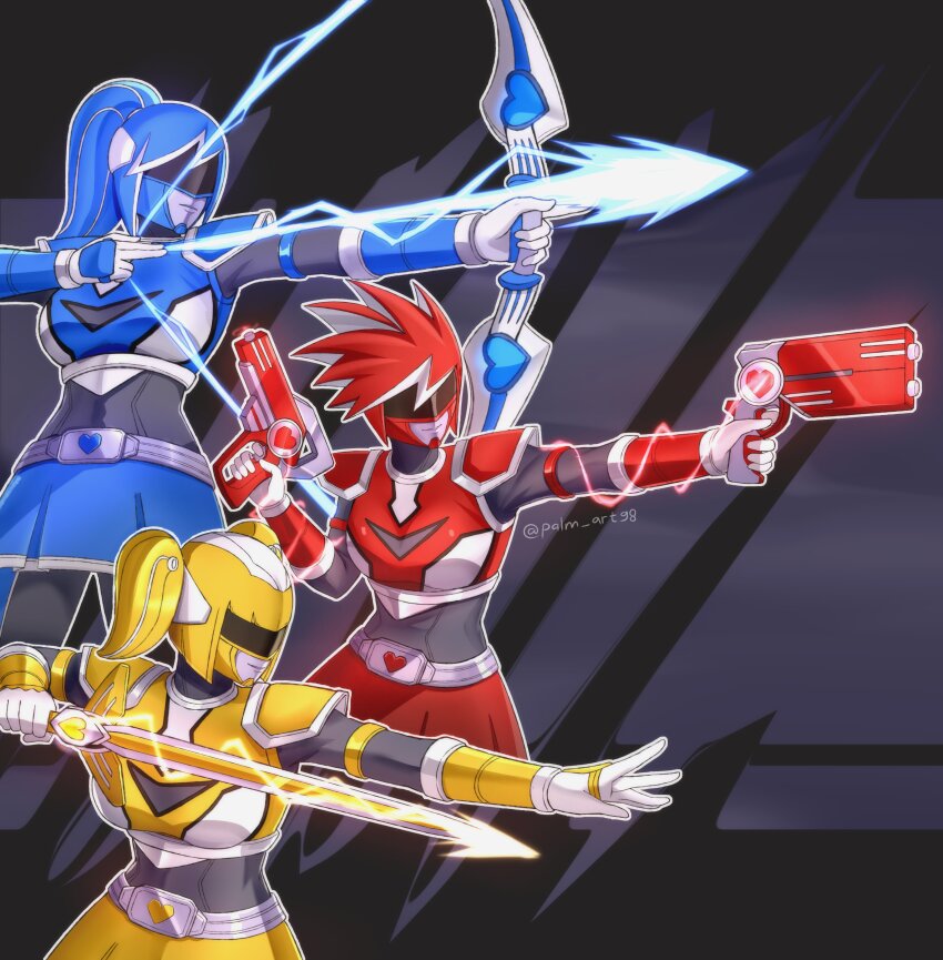3girls, absurdres, akiba_blue, akiba_red, akiba_yellow, armor, arrow_(projectile), blue_armor