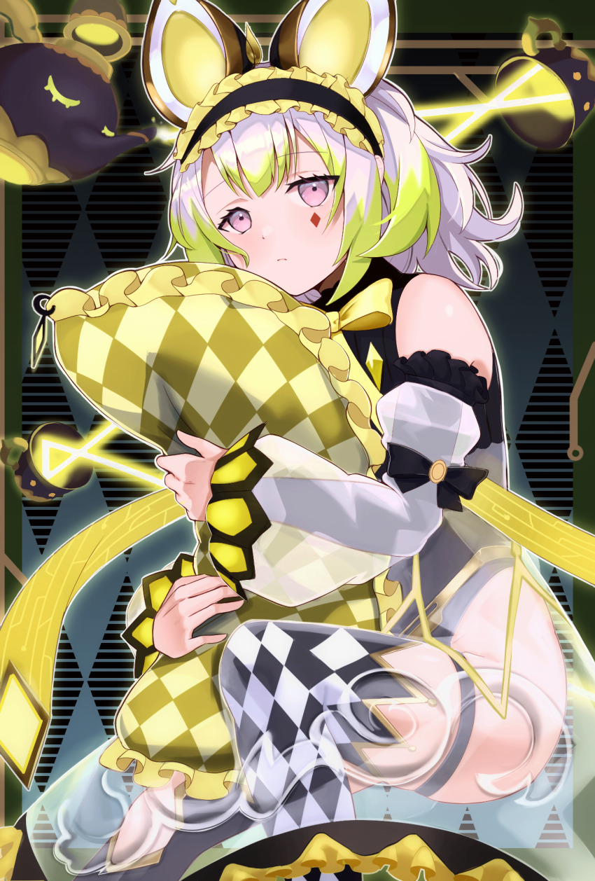 1girl, animal_ears, black_leotard, blush, checkered_clothes, checkered_legwear, checkered_pillow, closed_mouth